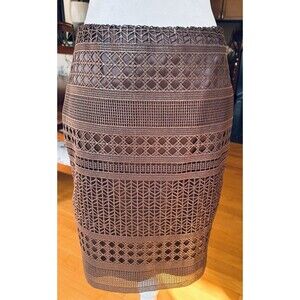 White House Black Market Skirt Womens Sz 4  Metallic Brown Lined Lace Pencil Zip